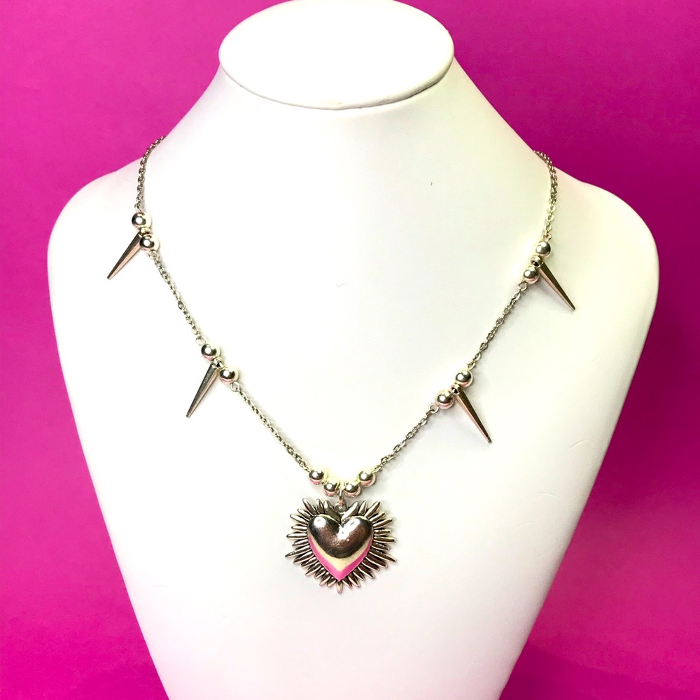 NWT Sacred Shining Heart Necklace Silver Beaded Chain Grunge Spikes  Handmade